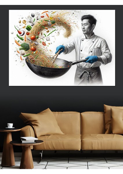 Şef ve Dökme Tavada Sebzeli Makarna Dekoratif Kanvas - Mdf Ahşap Tablo fiyatları