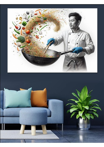 Şef ve Dökme Tavada Sebzeli Makarna Dekoratif Kanvas - Mdf Ahşap Tablo modelleri