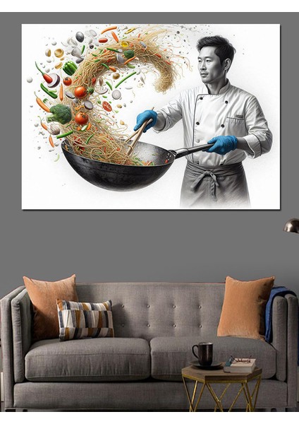 Şef ve Dökme Tavada Sebzeli Makarna Dekoratif Kanvas - Mdf Ahşap Tablo fırsatları