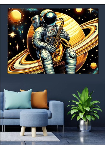Satürn'de Astronot Dekoratif Kanvas - Mdf Ahşap Tablo