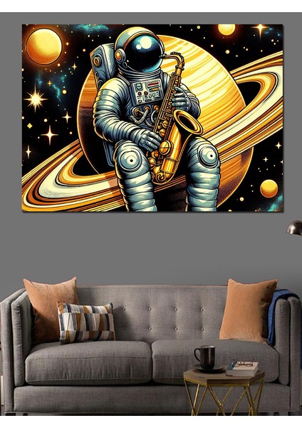 Satürn'de Astronot Dekoratif Kanvas - Mdf Ahşap Tablo