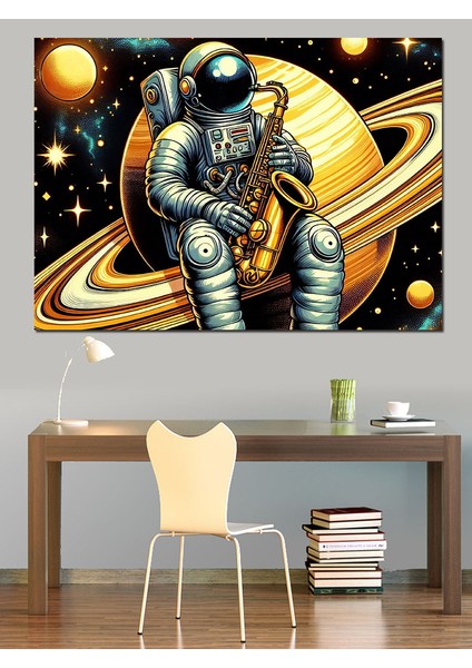 Satürn'de Astronot Dekoratif Kanvas - Mdf Ahşap Tablo