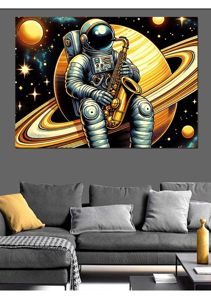 Satürn'de Astronot Dekoratif Kanvas - Mdf Ahşap Tablo