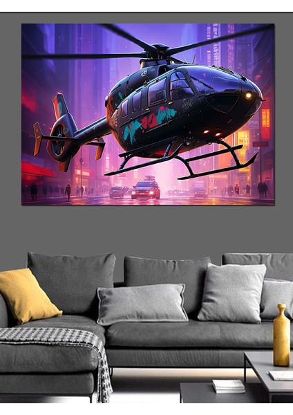 Gece Helikopter Uçuşu Dekoratif Kanvas - Mdf Ahşap Tablo