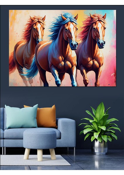 Üç At Figürü Dekoratif Kanvas - Mdf Ahşap Tablo