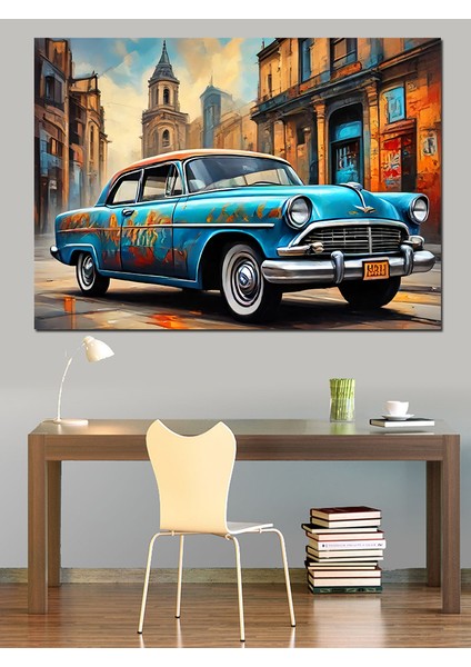 Mavi Retro Araba Dekoratif Kanvas - Mdf Ahşap Tablo fiyatları