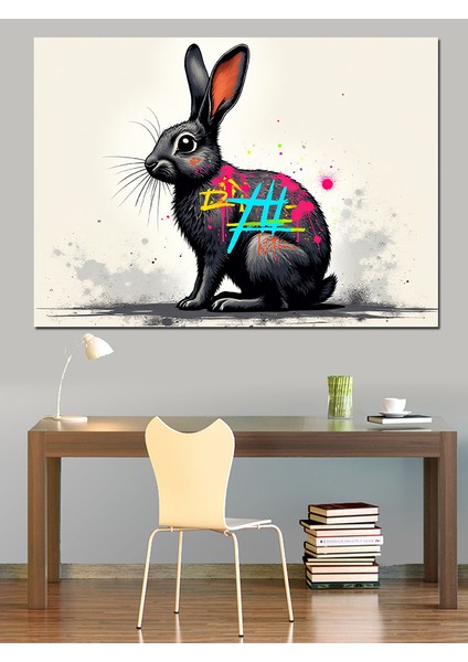 Grafitili Tavşan Figürü Dekoratif Kanvas - Mdf Ahşap Tablo