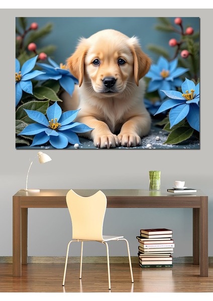 Çiçekler Arasında Yavru Köpek Dekoratif Kanvas - Mdf Ahşap Tablo