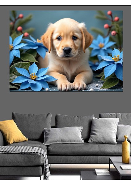 Çiçekler Arasında Yavru Köpek Dekoratif Kanvas - Mdf Ahşap Tablo