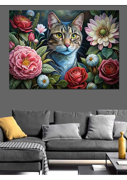 Çiçekler ve Kedi Dekoratif Kanvas - Mdf Ahşap Tablo