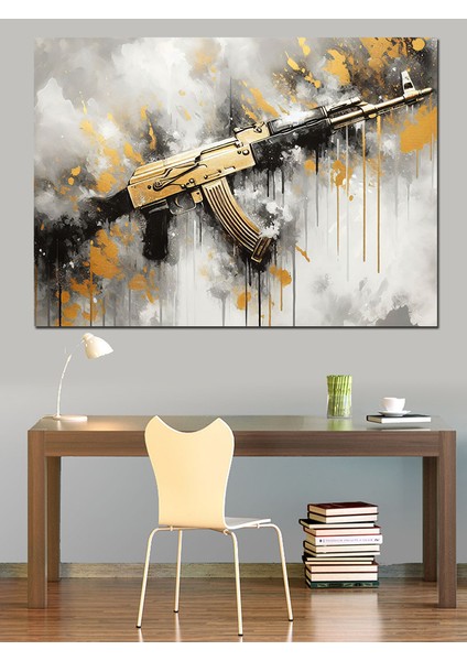 Gold Ak-47 Dekoratif Kanvas - Mdf Ahşap Tablo