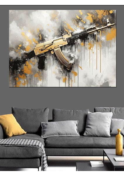 Gold Ak-47 Dekoratif Kanvas - Mdf Ahşap Tablo fiyatları