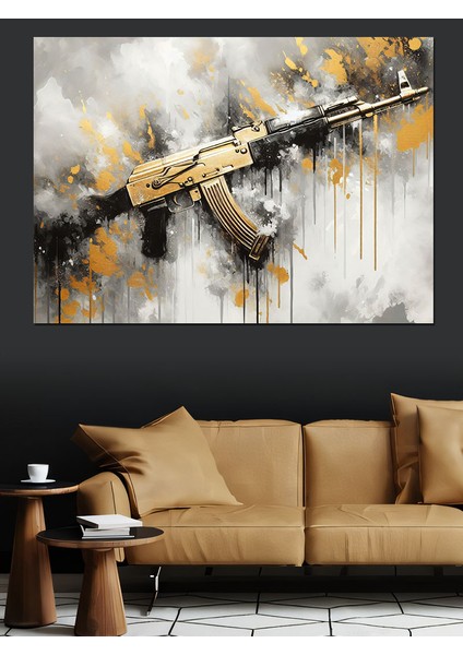 Gold Ak-47 Dekoratif Kanvas - Mdf Ahşap Tablo modelleri