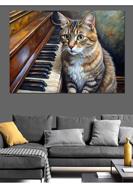 Piyano ve Kedi Dekoratif Kanvas - Mdf Ahşap Tablo