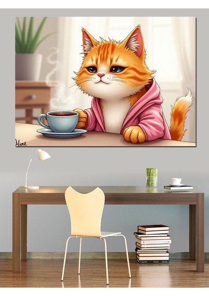 Çay Içen Sevimli Kedi Dekoratif Kanvas - Mdf Ahşap Tablo