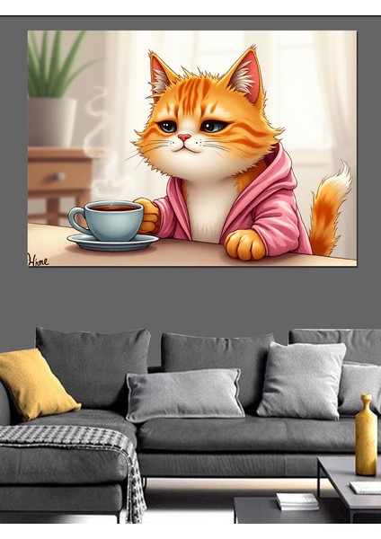 Çay Içen Sevimli Kedi Dekoratif Kanvas - Mdf Ahşap Tablo