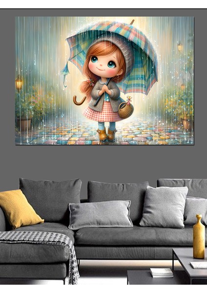Şemsiye ve Küçük Kız Dekoratif Kanvas - Mdf Ahşap Tablo
