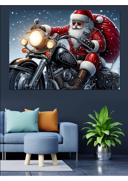 Chopper Motor Süren Noel Baba Dekoratif Kanvas - Mdf Ahşap Tablo