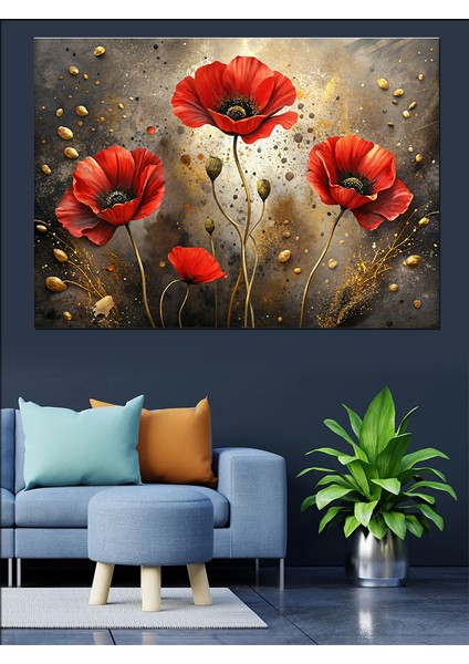 Kırmızı Gelincik Çiçekleri Dekoratif Kanvas - Mdf Ahşap Tablo