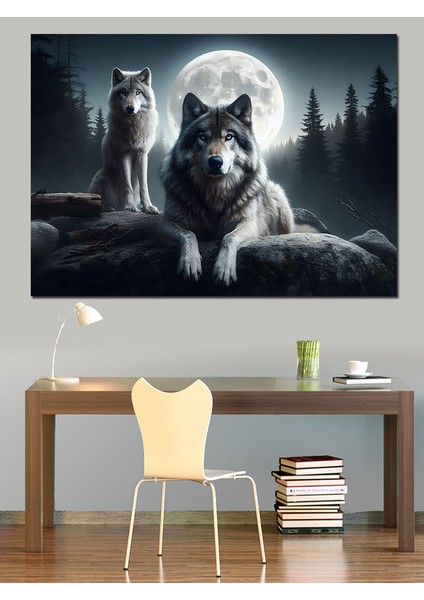 Dolunay ve Kurtlar Dekoratif Kanvas - Mdf Ahşap Tablo fiyatları