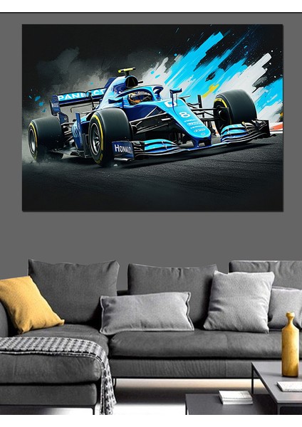 Mavi Formula 1 Araba Aksiyonu Dekoratif Kanvas - Mdf Ahşap Tablo fiyatları