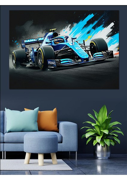 Mavi Formula 1 Araba Aksiyonu Dekoratif Kanvas - Mdf Ahşap Tablo fırsatları