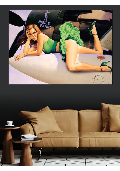 Retro Uçak ve Eteği Uçan Pin Up Kızı Dekoratif Kanvas - Mdf Ahşap Tablo