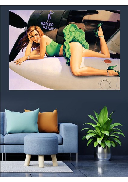 Retro Uçak ve Eteği Uçan Pin Up Kızı Dekoratif Kanvas - Mdf Ahşap Tablo