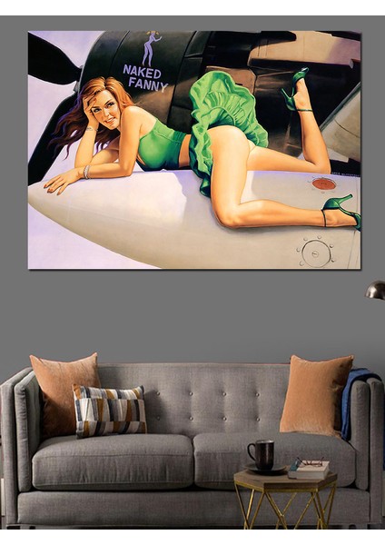 Retro Uçak ve Eteği Uçan Pin Up Kızı Dekoratif Kanvas - Mdf Ahşap Tablo