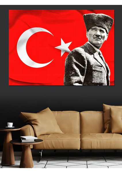 Mustafa Kemal Atatürk ve Türk Bayrağı Dekoratif Kanvas - Mdf Ahşap Tablo