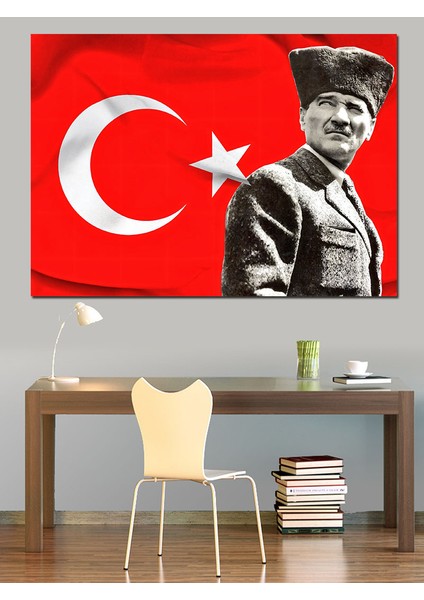 Mustafa Kemal Atatürk ve Türk Bayrağı Dekoratif Kanvas - Mdf Ahşap Tablo fırsatları