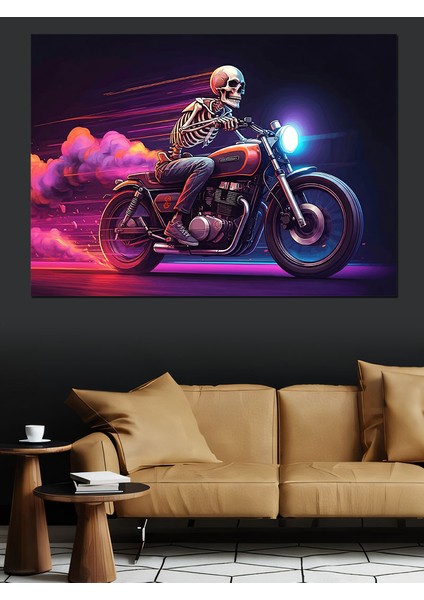 Neon Motosiklet ve Iskelet Dekoratif Kanvas - Mdf Ahşap Tablo