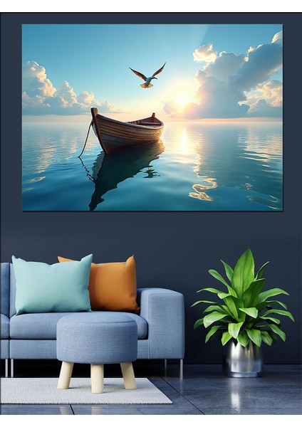 Gölde Yalnız Tekne Dekoratif Kanvas - Mdf Ahşap Tablo