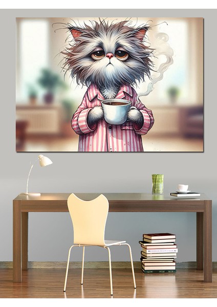 Çay Içen Kedi Dekoratif Kanvas - Mdf Ahşap Tablo