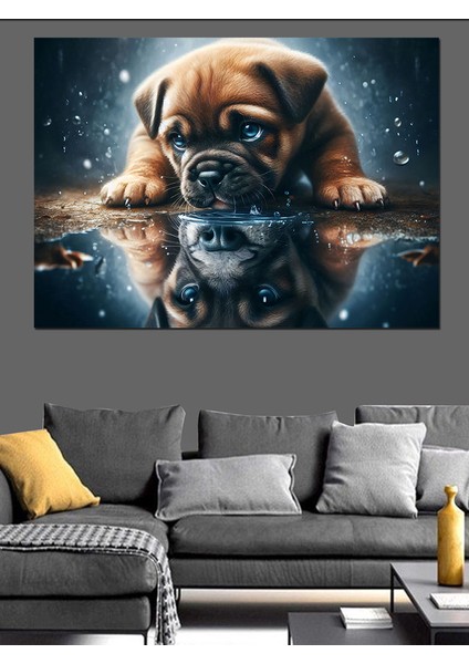 Su Içen Köpek ve Gölgesi Dekoratif Kanvas - Mdf Ahşap Tablo
