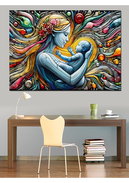 Soyut Desenli Anne ve Bebeği Dekoratif Kanvas - Mdf Ahşap Tablo