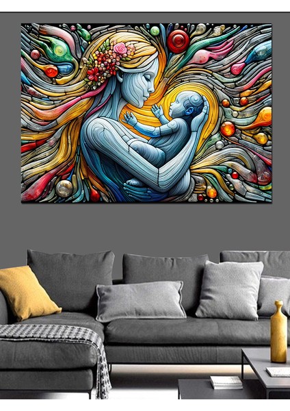 Soyut Desenli Anne ve Bebeği Dekoratif Kanvas - Mdf Ahşap Tablo