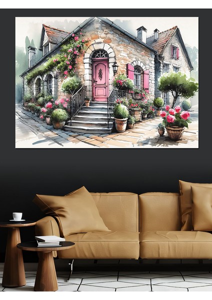 Çiçekli Taş Ev Dekoratif Kanvas - Mdf Ahşap Tablo fiyatları