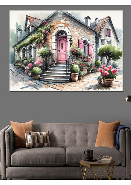 Çiçekli Taş Ev Dekoratif Kanvas - Mdf Ahşap Tablo fırsatları