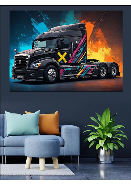 Grafitili Siyah Tır Dekoratif Kanvas - Mdf Ahşap Tablo