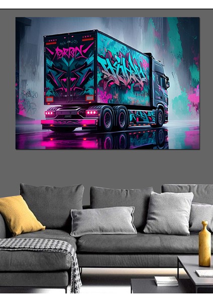 Neon Işıklı Tır Tasarımı Dekoratif Kanvas - Mdf Ahşap Tablo