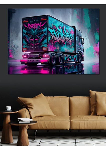 Neon Işıklı Tır Tasarımı Dekoratif Kanvas - Mdf Ahşap Tablo fiyatları
