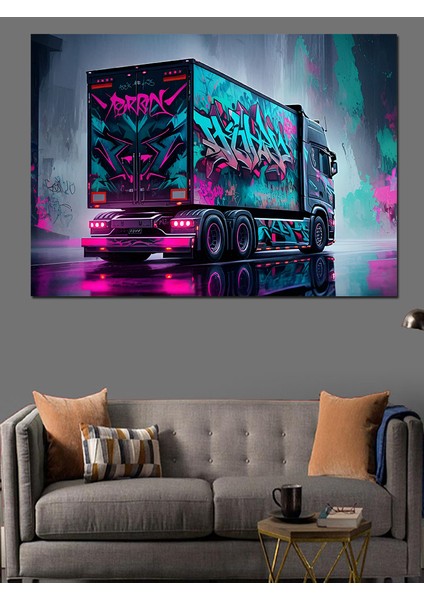 Neon Işıklı Tır Tasarımı Dekoratif Kanvas - Mdf Ahşap Tablo fırsatları