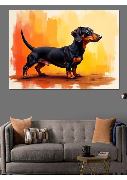 Siyah Dachshund Köpek Çizimi Dekoratif Kanvas - Mdf Ahşap Tablo
