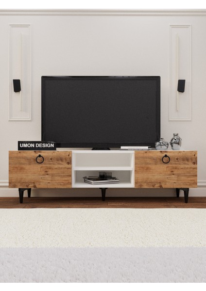 Agora Tv Ünitesi 150 cm Üç Kapaklı Raflı Ayaklı Tv Sehpası Beyaz- Antrasit fiyatları