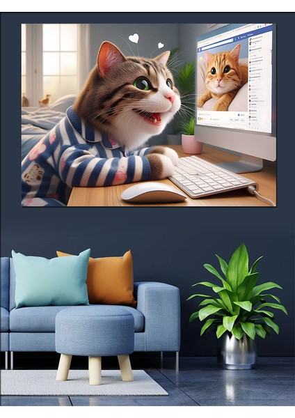 Stalk Yapan Aşık Kedi Dekoratif Kanvas - Mdf Ahşap Tablo
