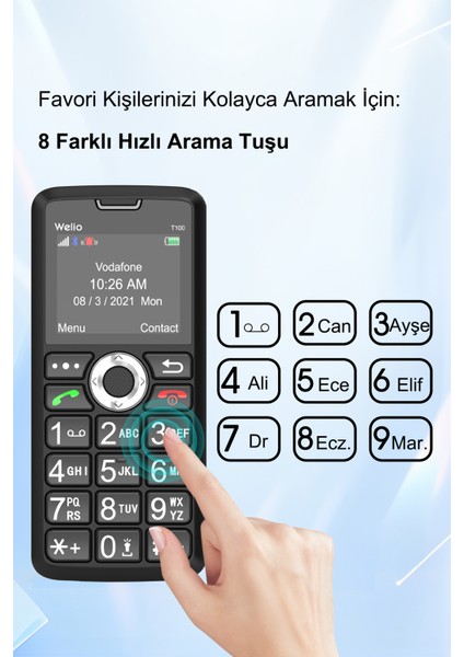 Wkey T100 Kamerasız Siyah-Kırmızı Asker/yaşlı Cep Telefonu Siyah