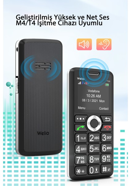 Wkey T100 Kamerasız Siyah-Kırmızı Asker/yaşlı Cep Telefonu Siyah