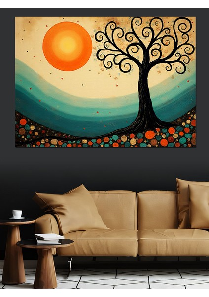 Renkli Ağaç ve Güneş Dekoratif Kanvas - Mdf Ahşap Tablo