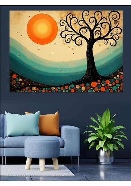 Renkli Ağaç ve Güneş Dekoratif Kanvas - Mdf Ahşap Tablo fiyatları
